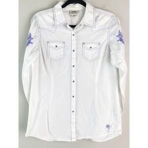 Ariat Women Pearl Snap Shirt M White Floral Embroidered Rodeo Western Equestrian
